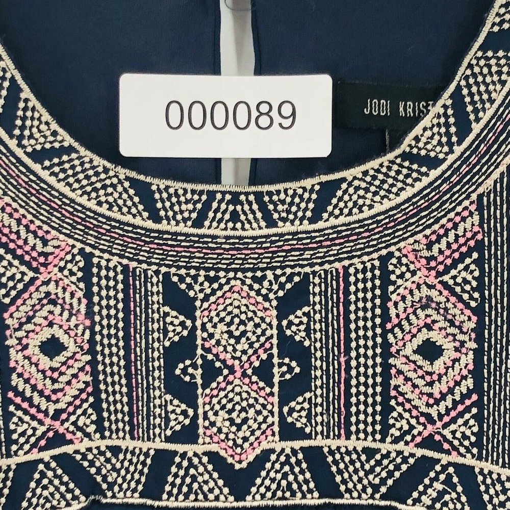 Jodi Kristopher Dress Small Navy Blue Tribal Embroidery Sleeveless Mini Boho - Picture 11 of 11